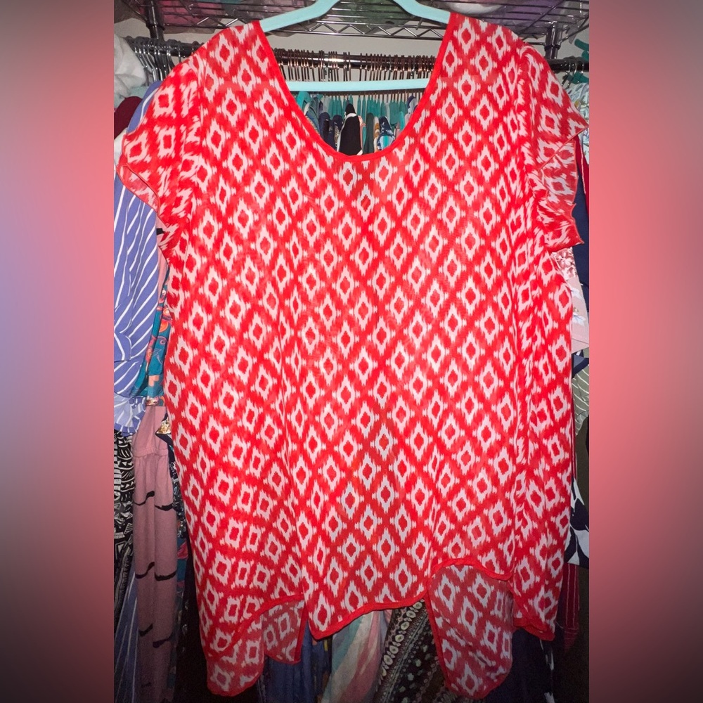 Red & White sheer cover-up shirt